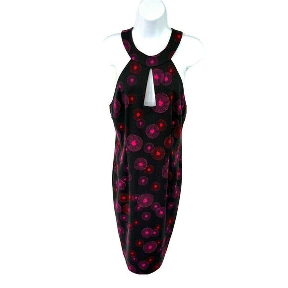 Trina Turk Size 10 Sheath Dress Black w Pink Red Floral Sleeveless Halter - Picture 1 of 12